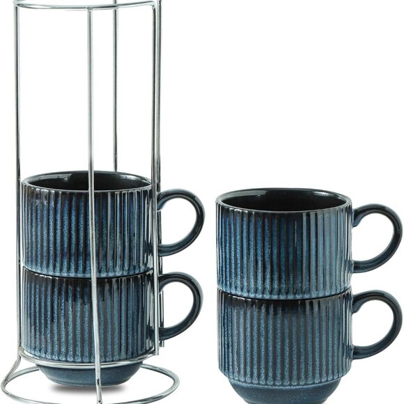 Coffee Mugs Set of 4, 15 Oz Stackable Coffee Mugs with Rack, Ceramic Cups for Ho - Picture 1 of 7